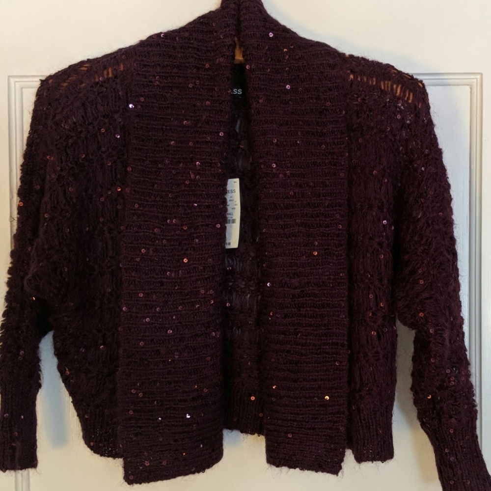 NWT Express Cropped Sequins cardigan, plum, sz XS